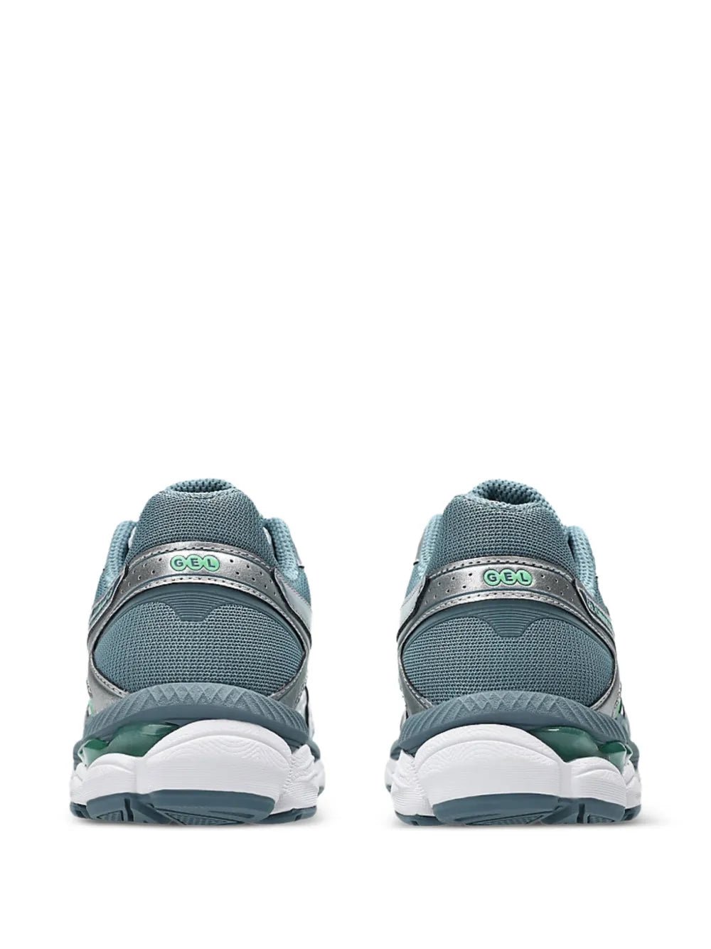 Asics Gel-Cumulus 16 sneakers, rear view of grey mesh with teal heel and green trim