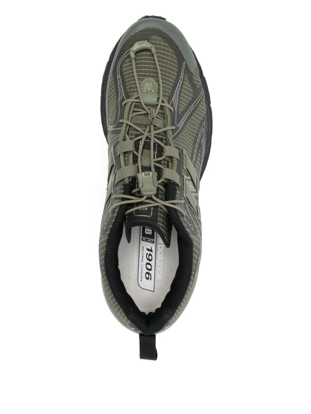 Olive green New Balance 1906R sneakers, inner tag visible on tongue