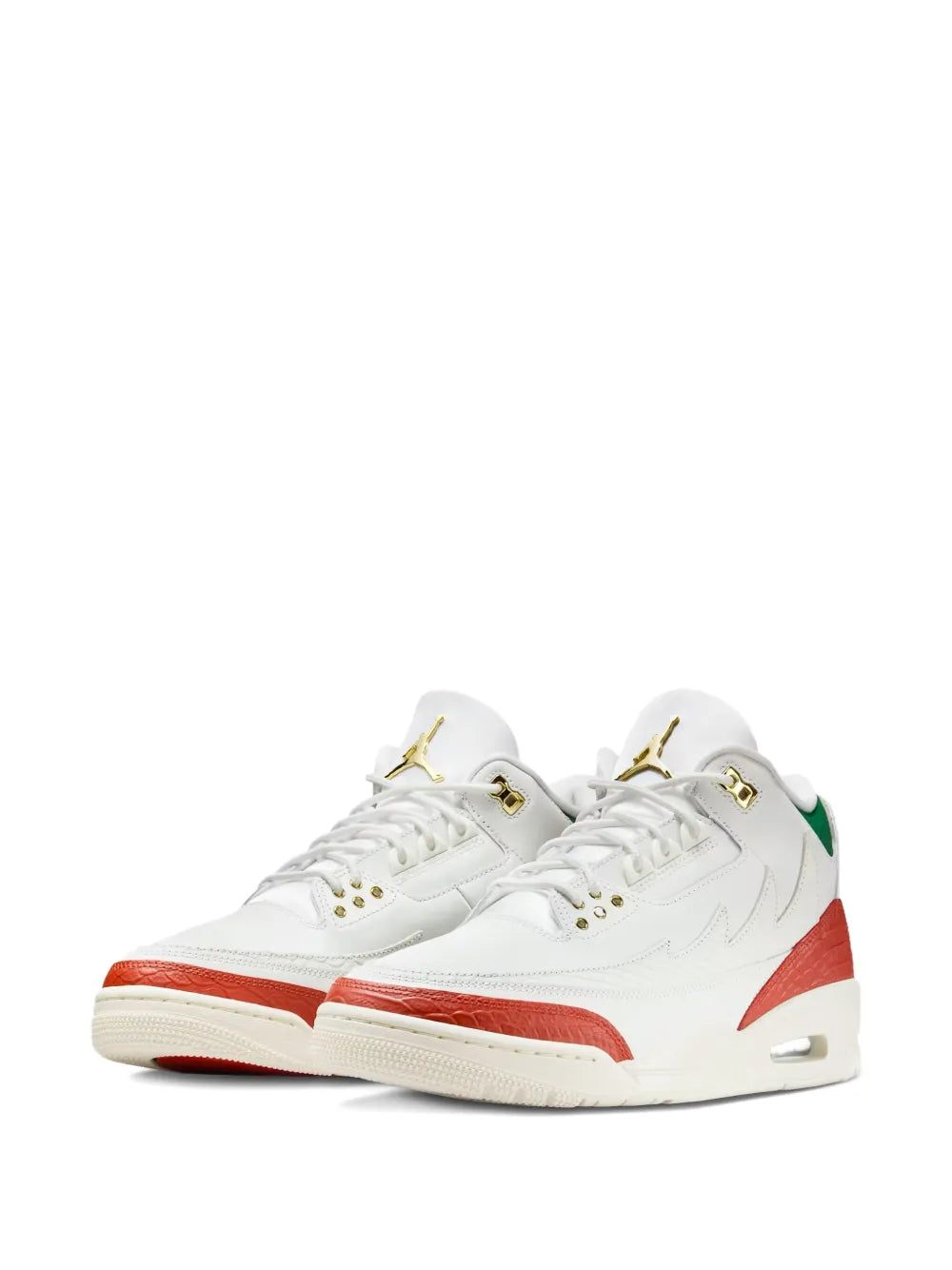 Air Jordan 3 El Vuelo sneakers, white with red side stripe and green heel accents