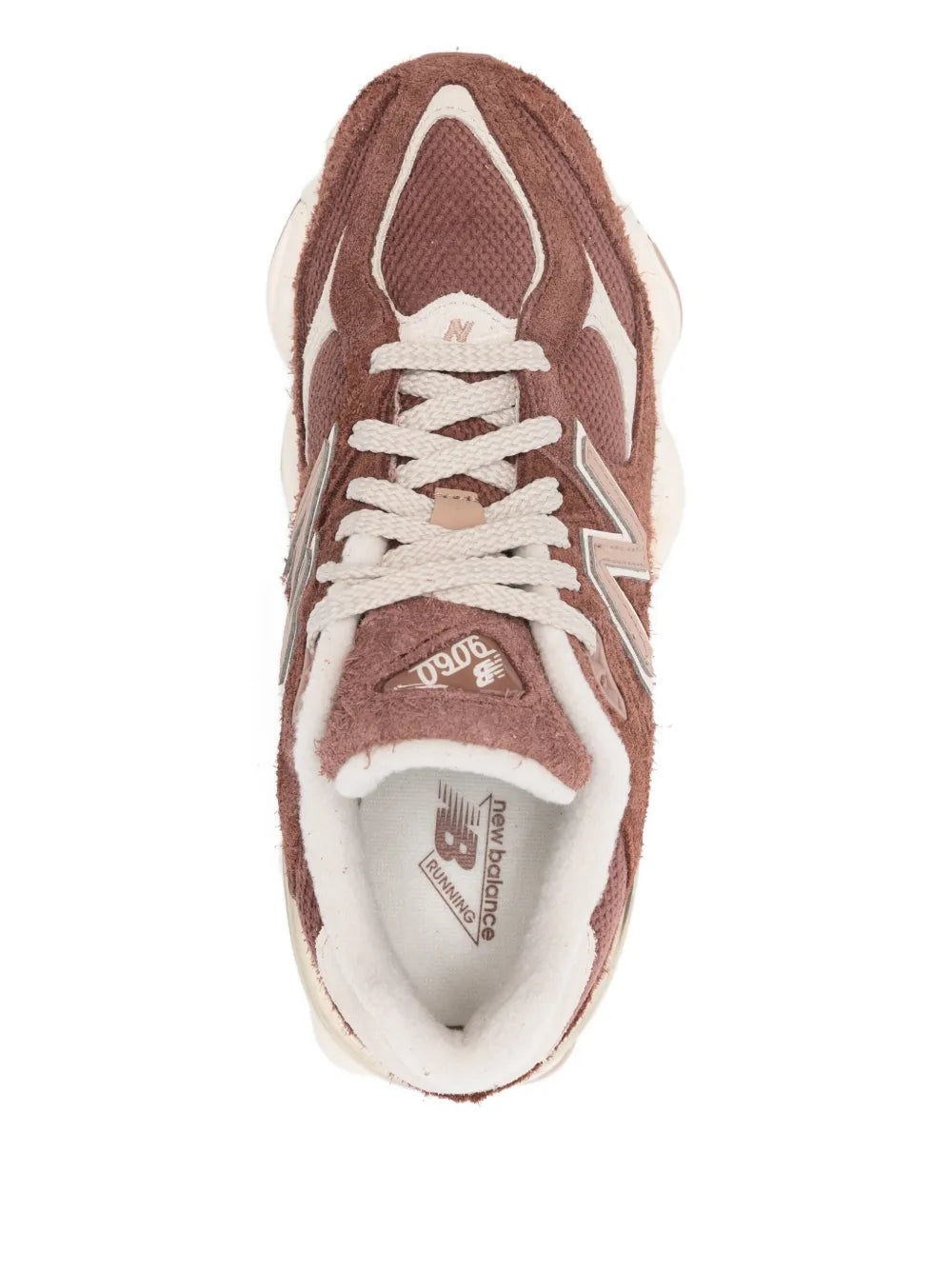 New Balance burgundy suede lace-up sneakers, tongue logo and white laces visible