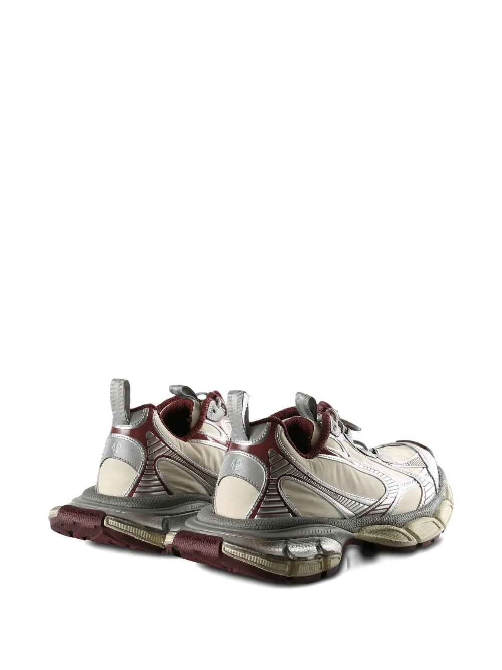Balenciaga 3XL panelled sneakers rear view, beige and silver with burgundy accents