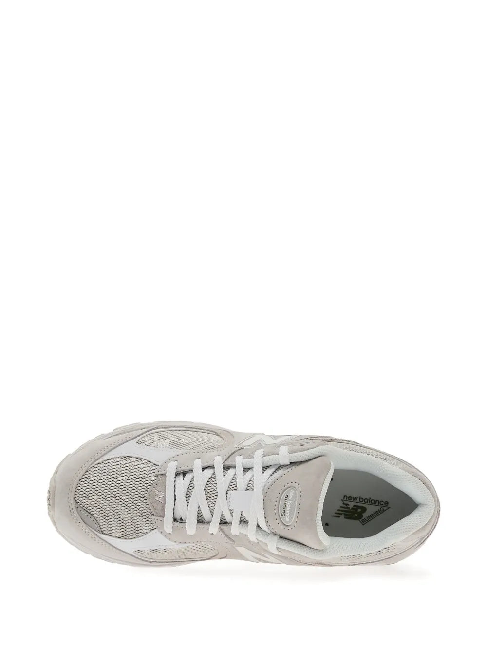 Grey New Balance 2002R trainers, toe and lace front view with breathable mesh upper