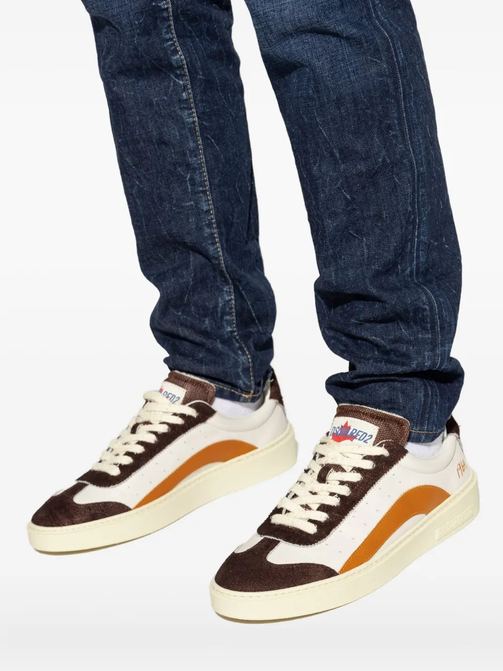 Dsquared2 leather sneakers on jeans, white laces, brown suede with orange side stripe