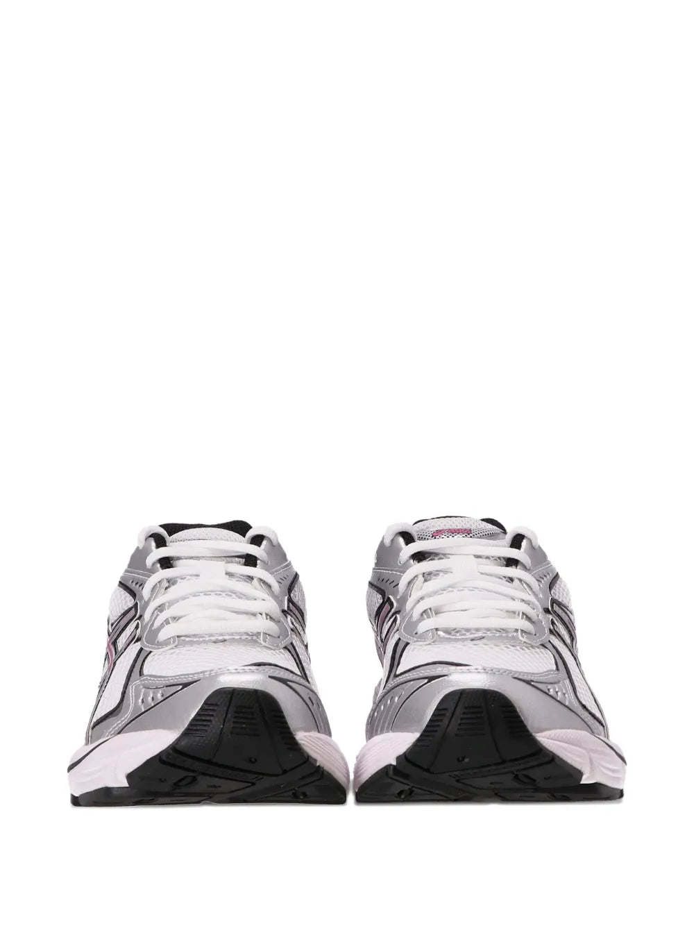 Pair of white and gray Asics GT-2160 sneakers with pink details and black outsole
