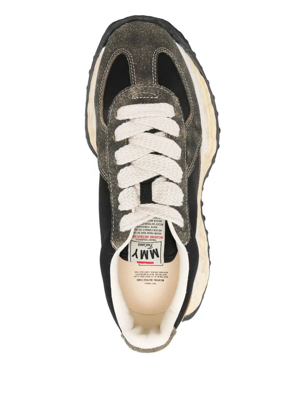 Black suede sneaker with white laces and insole label; stitched collar and padded tongue