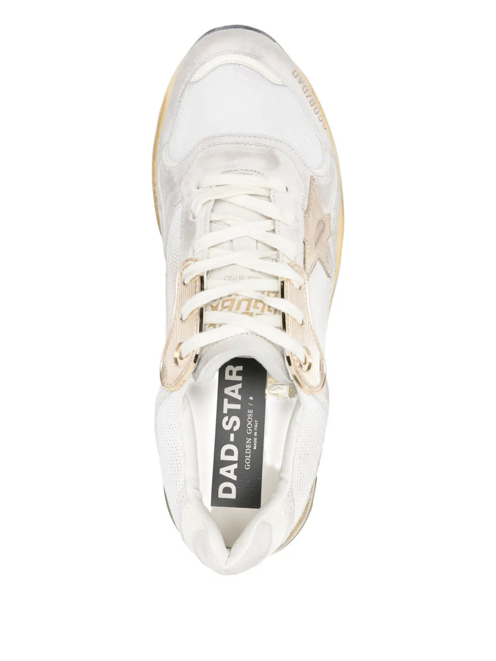 White lace-up sneakers with padded collar and Dad Star sock lining