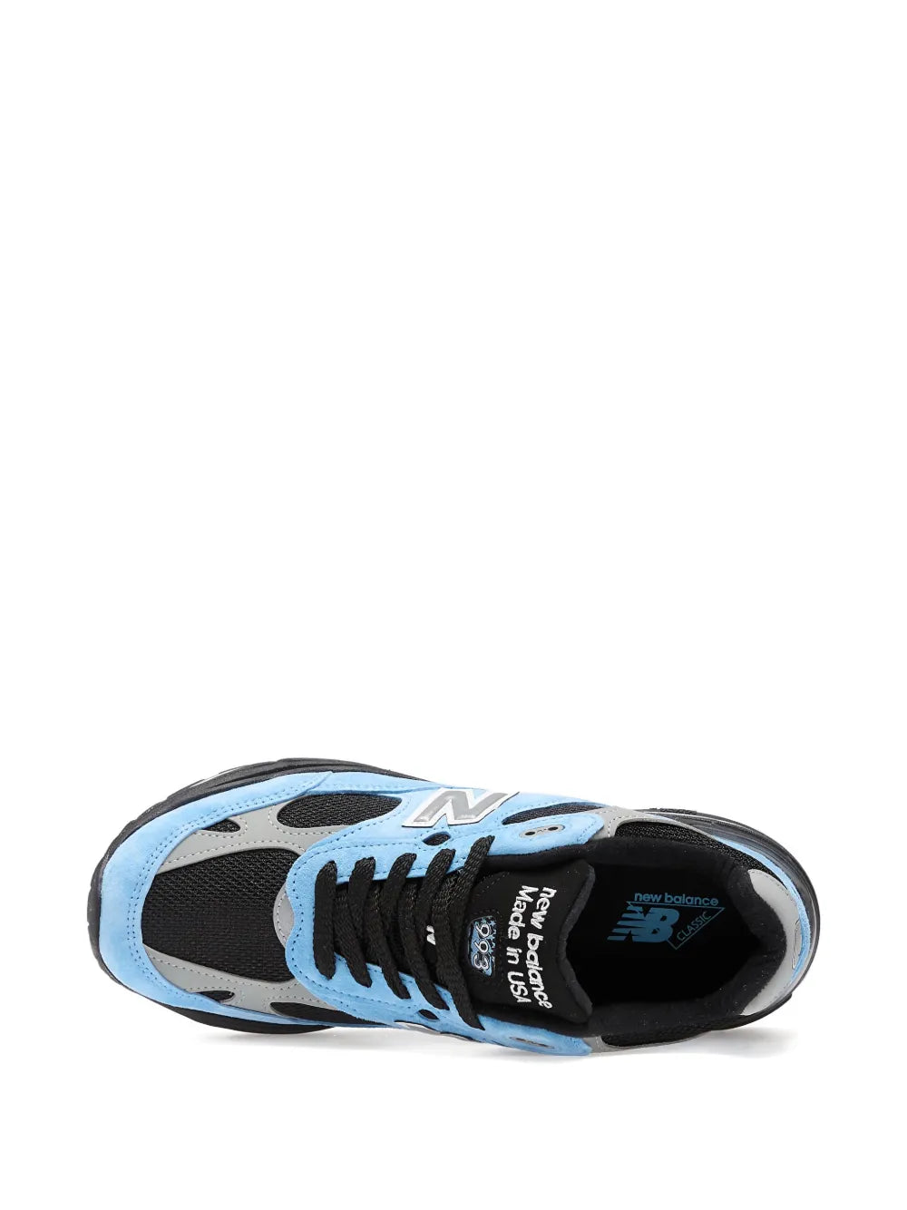 Blue suede sneaker with black toe panel, N logo, lace-up—New Balance 993