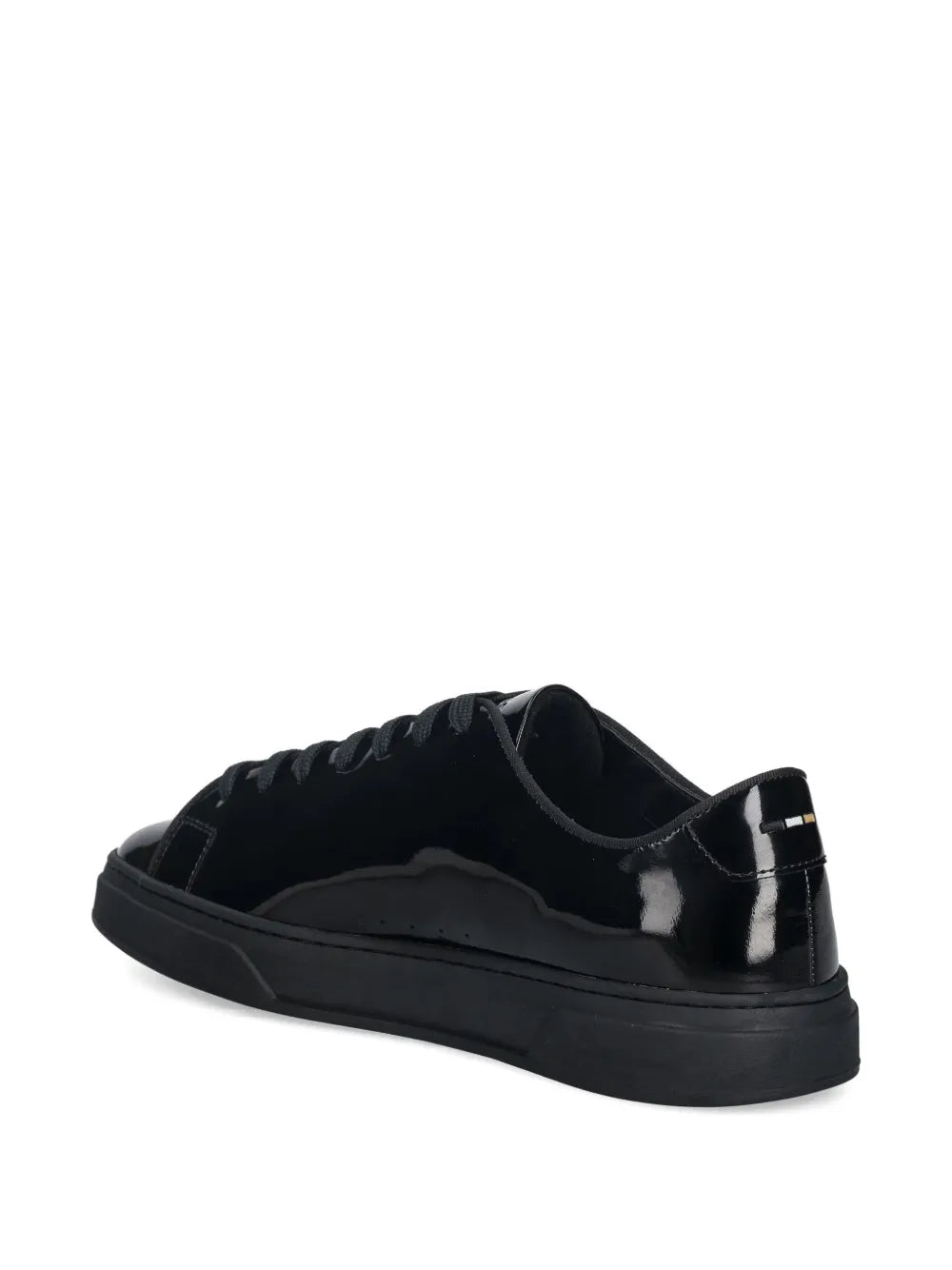 Black lace-up sneakers with glossy toe cap and heel panel, low-profile rubber sole