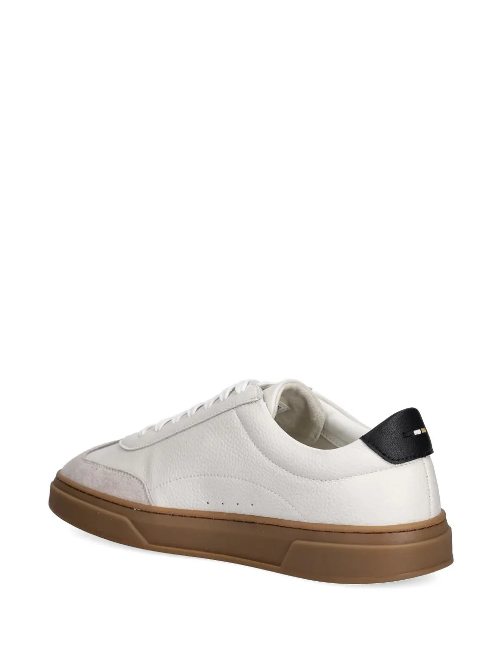 Off-white leather sneakers with brown sole, lace-up, black heel tab detail