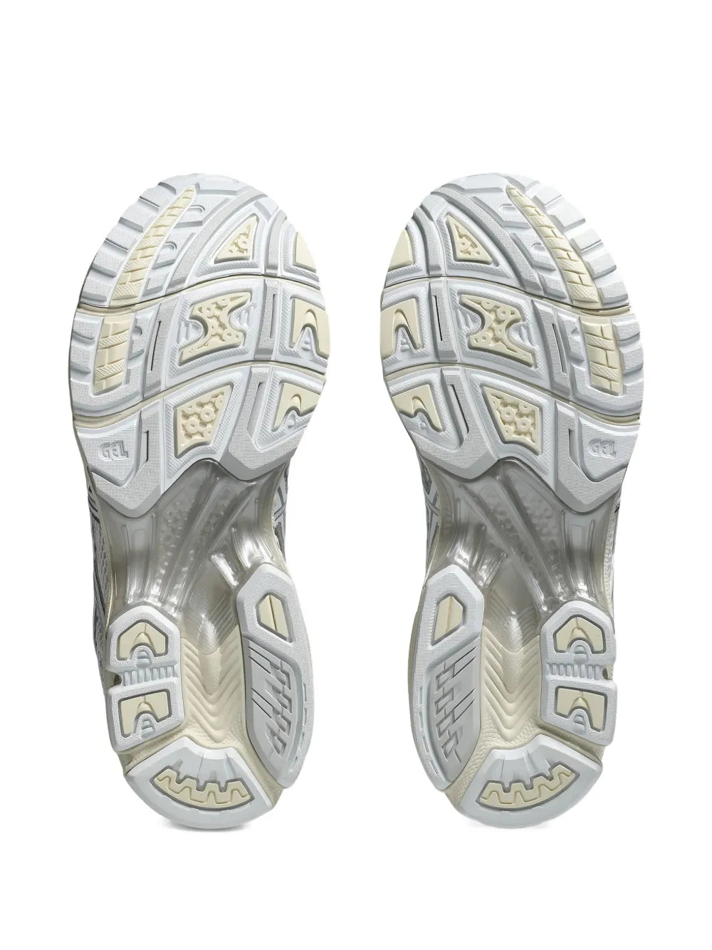 Asics GEL sneaker outsoles with gray tread and beige side lugs