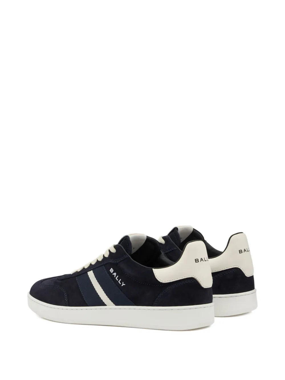 Navy suede sneakers with white side stripe, cream lace-up, and low-profile sole