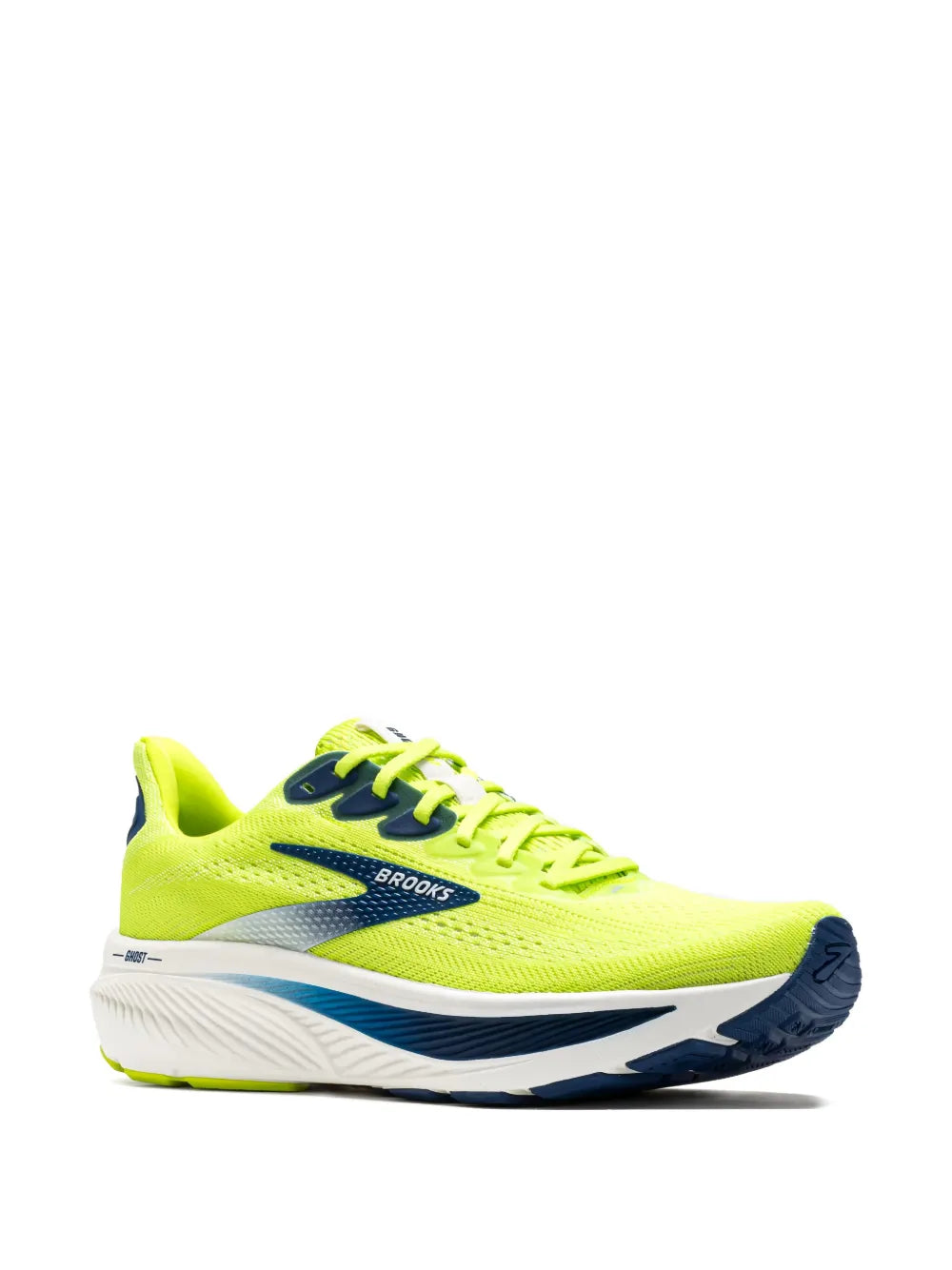 Lime yellow low-top sneaker with navy heel, blue side stripe, Brooks branding