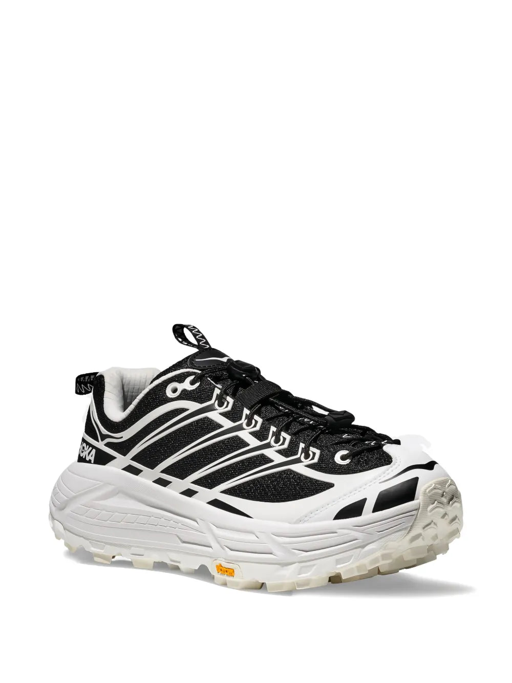 Hoka black and white lace-up trail sneakers with HOKA logo and thick grippy tread sole