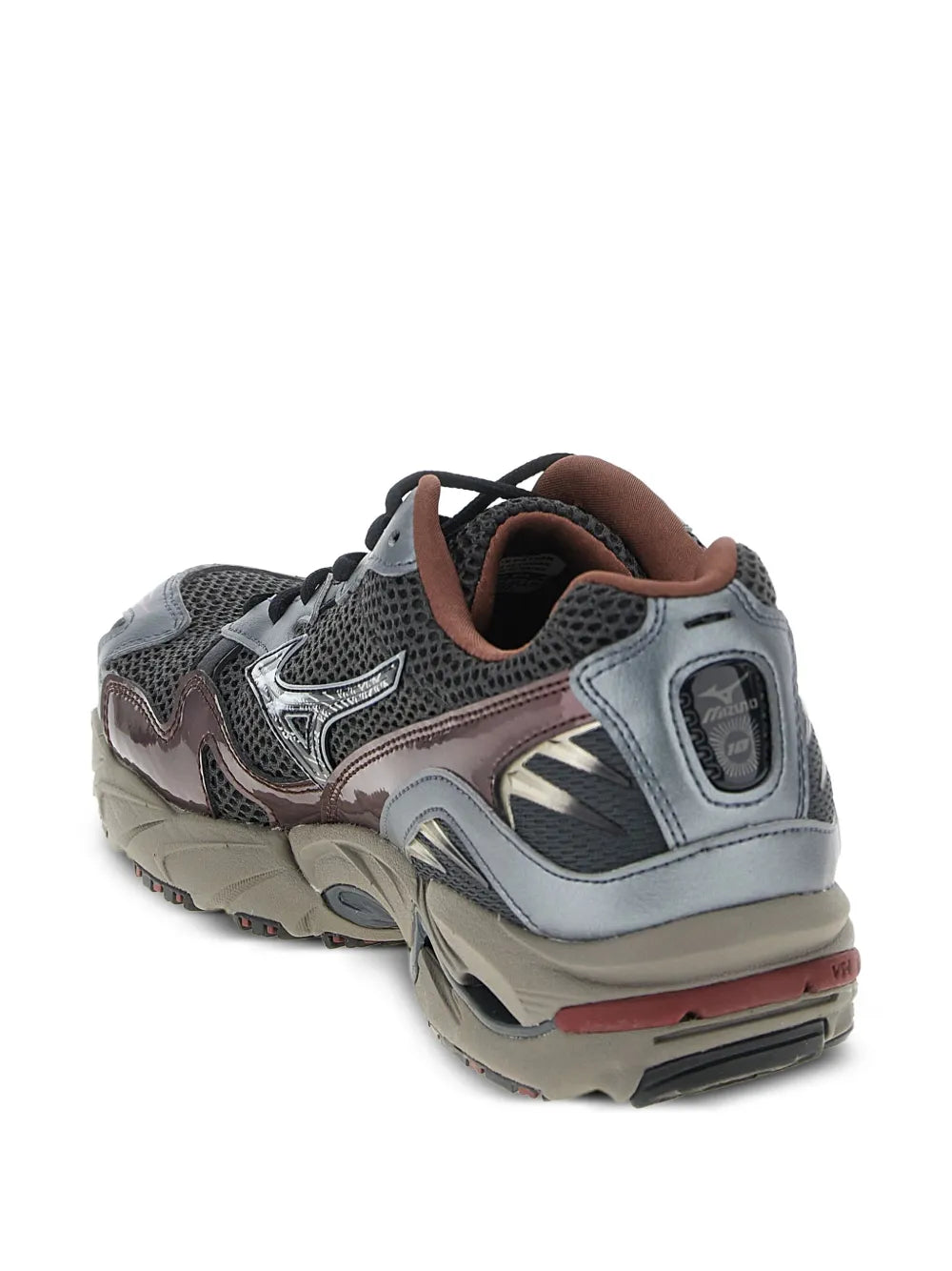 Mizuno Wave Rider 10 grey sneakers, heel side view with silver panels and burgundy trim