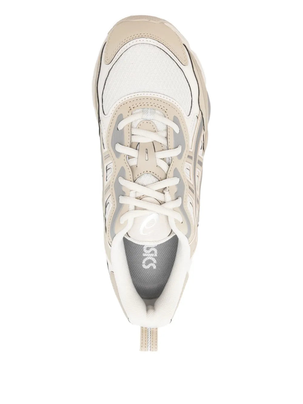 Asics panelled sneakers, laces and tongue top view, light grey with beige accents