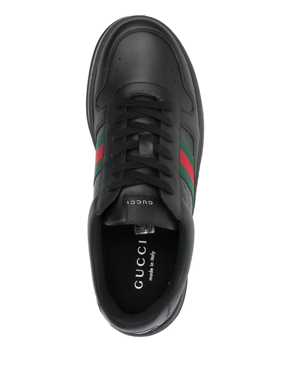 Gucci black lace-up sneaker with branded tongue and green and red web stripe