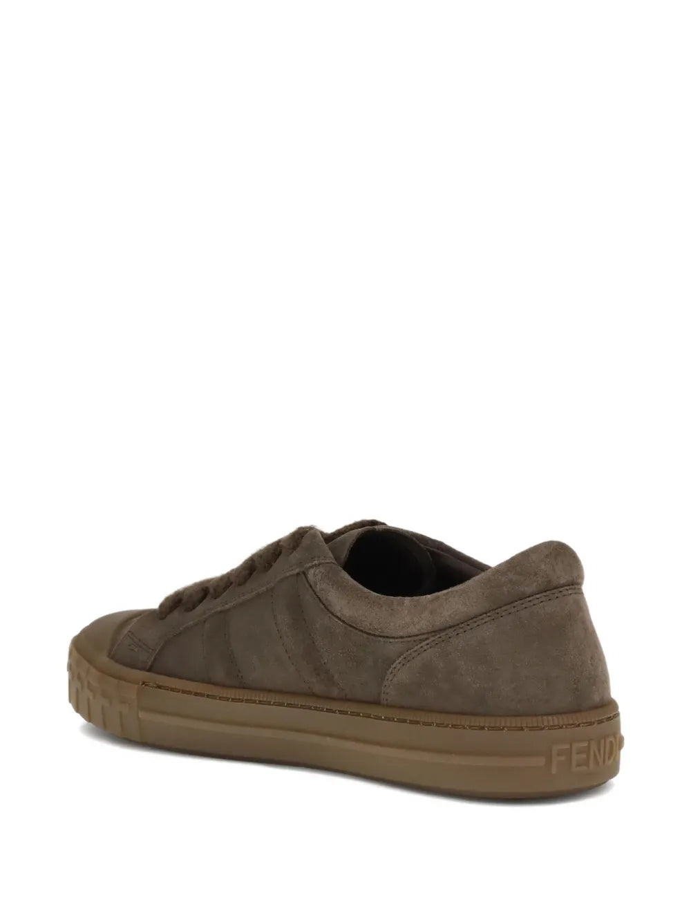 Brown suede trainers with Fendi logo near heel and side, low-top