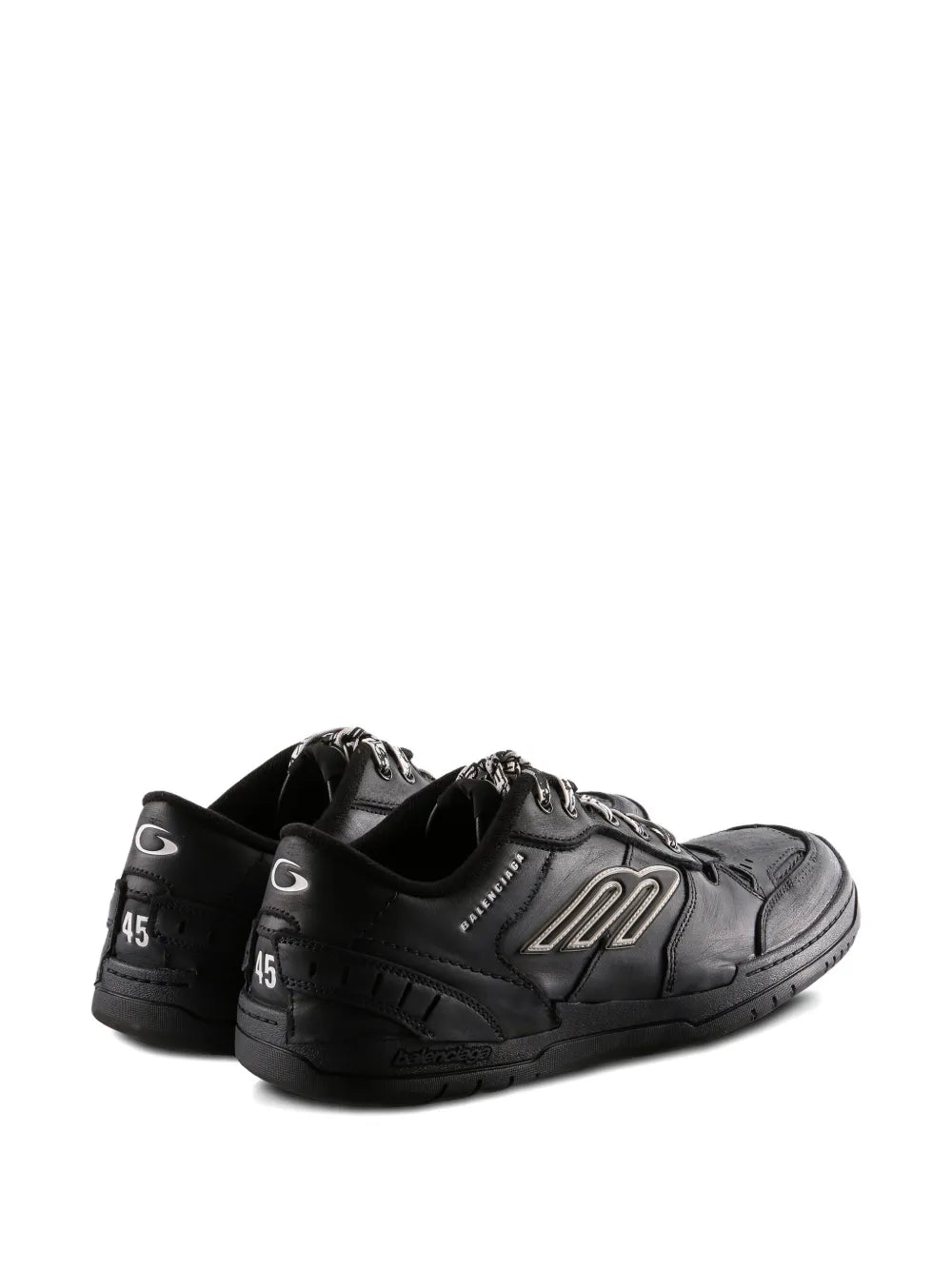 Balenciaga black lace-up trainers, heel tab and rear side logo with worn texture