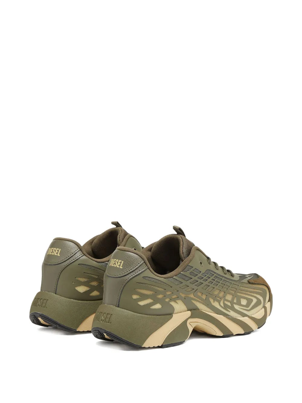 Diesel khaki low sneakers, back-left view with heel tab and lace-up closure