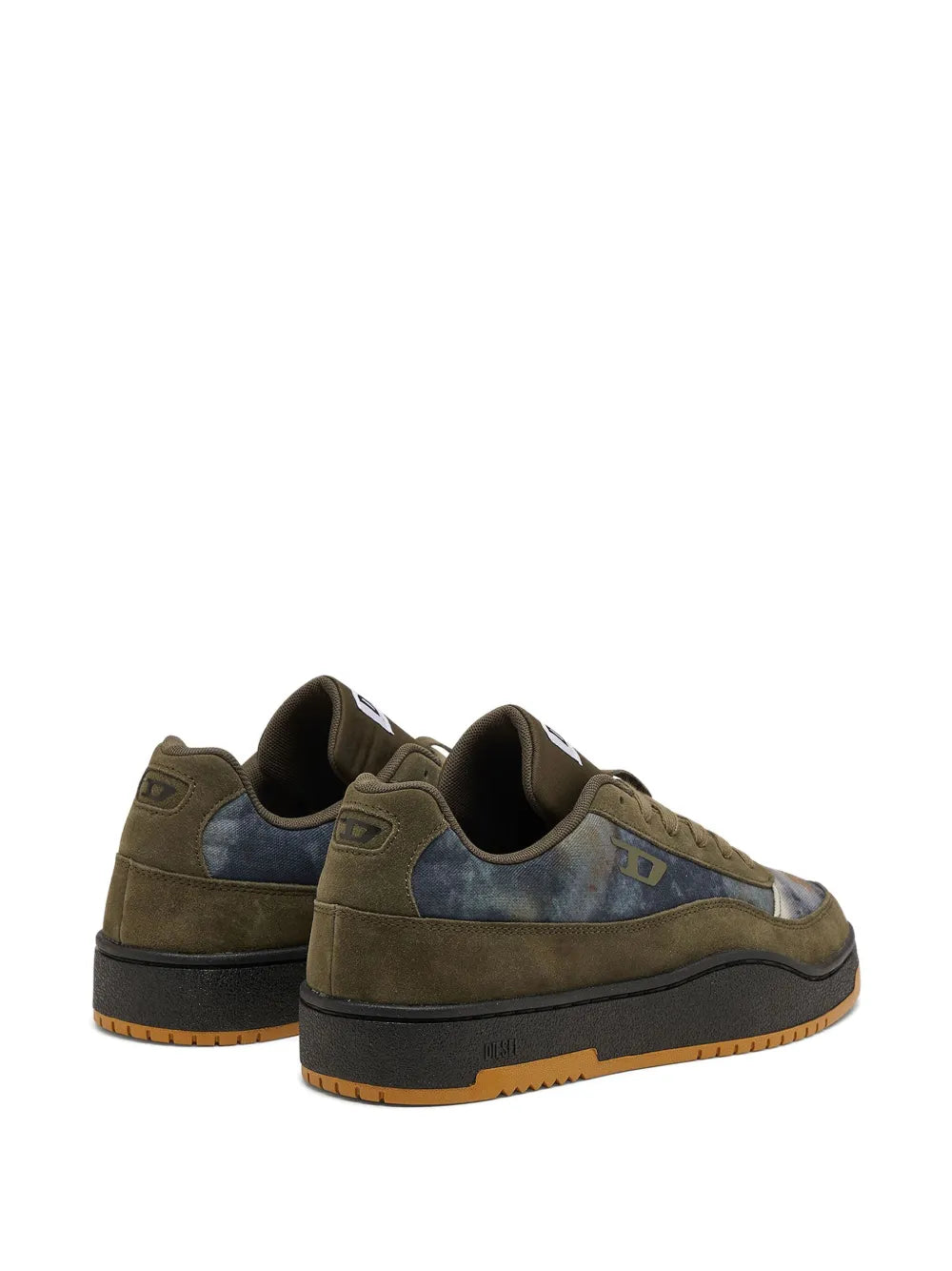 Olive green low-top sneakers with blue camo detail and padded heel collar