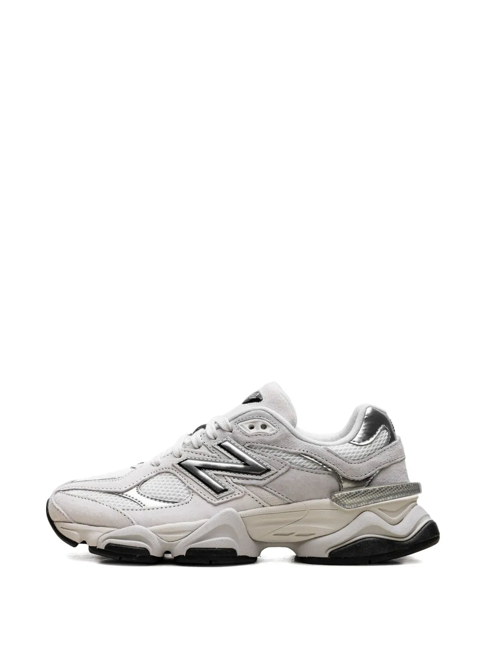 White lace-up sneakers with black heel tab, N logo, chunky sole with traction pods
