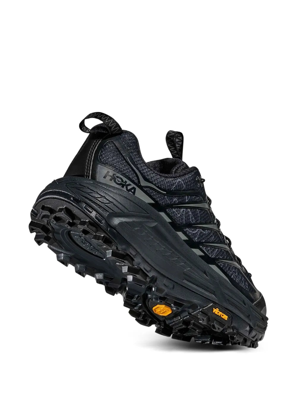 Black HOKA trail sneakers with side straps and rugged lug outsole