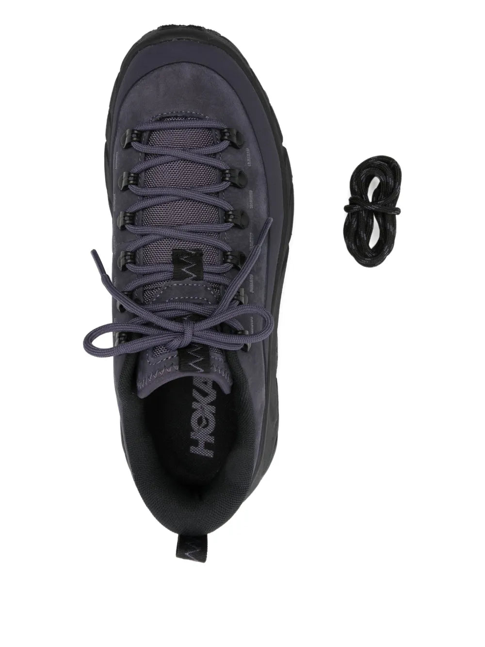 Grey Hoka trail sneaker, laced top view with 'Hoka' on sockliner