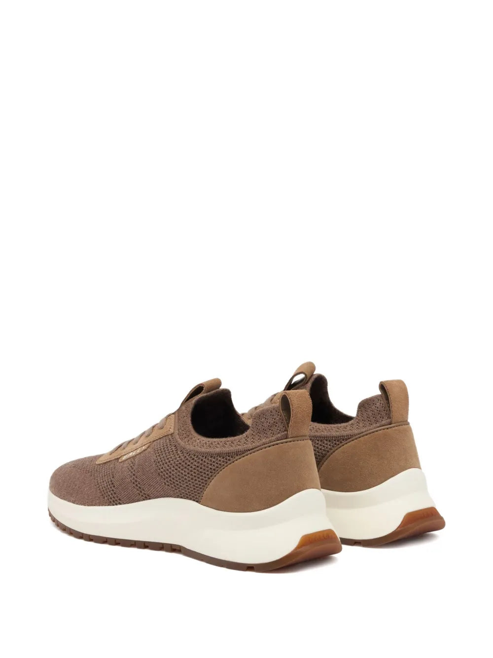 Brown Bally sneakers, rear/side view, cushioned sole and heel pull tabs
