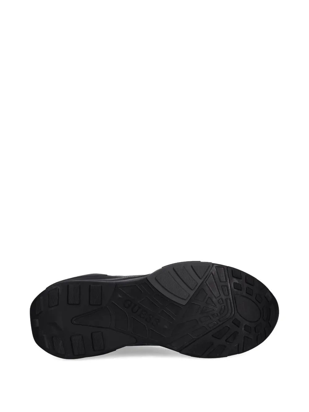 Black sneaker outsole with textured tread and Guess logo on midsole