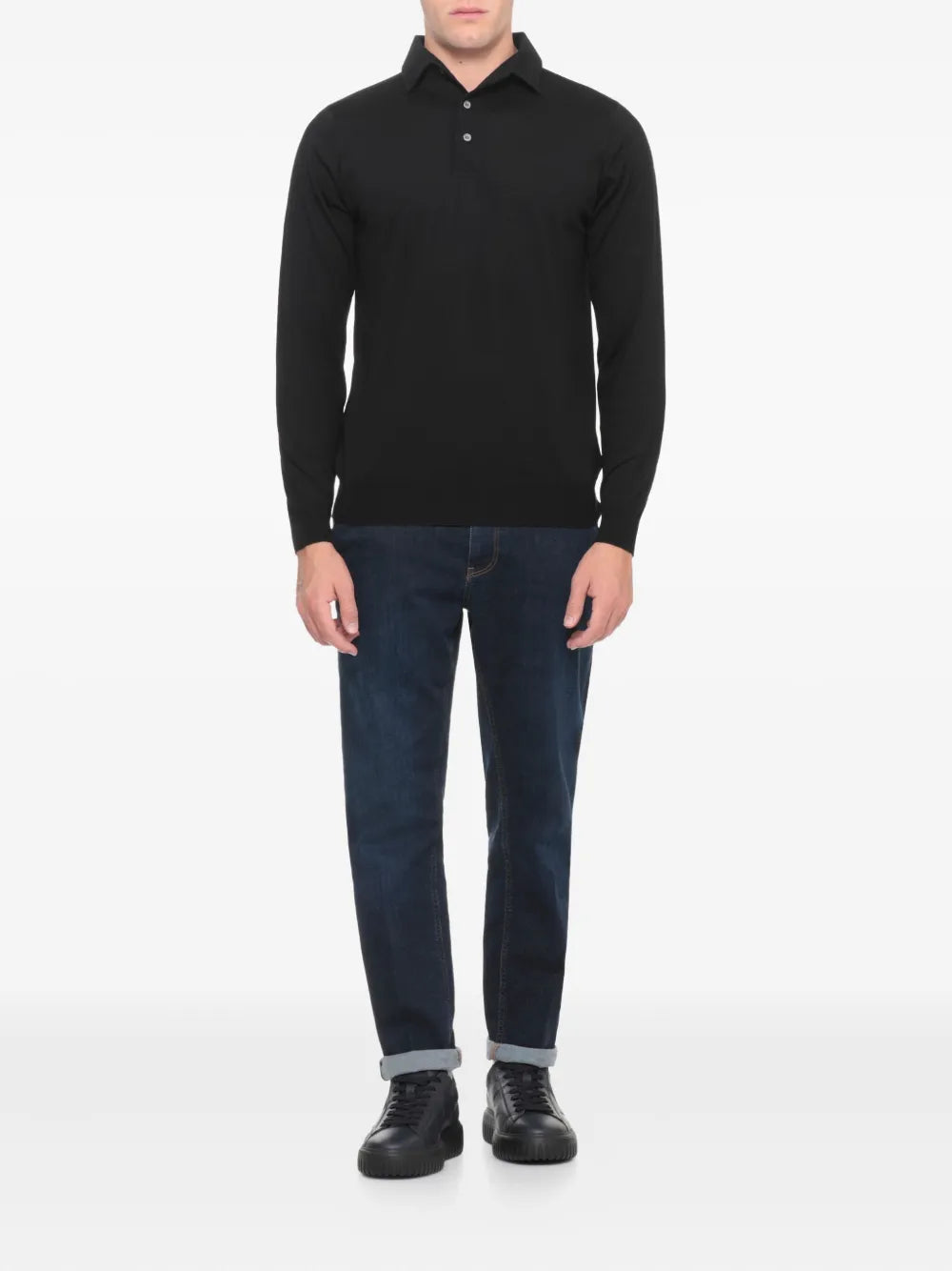 Hogan quilted black sneakers worn with dark jeans, lace-up design and thick sole