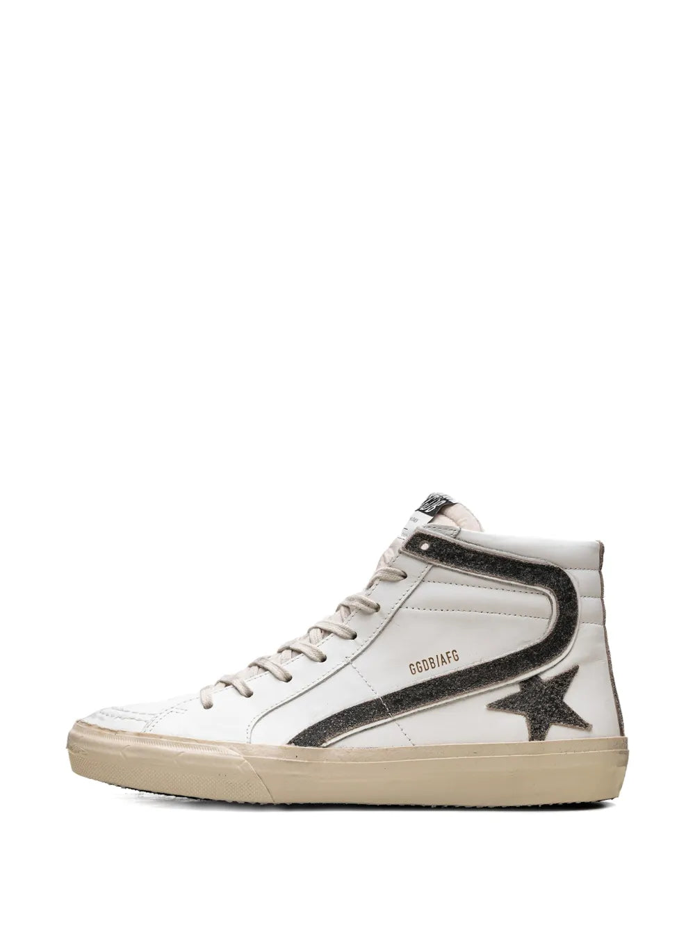 Golden Goose white leather high-top sneakers with black collar and star detail