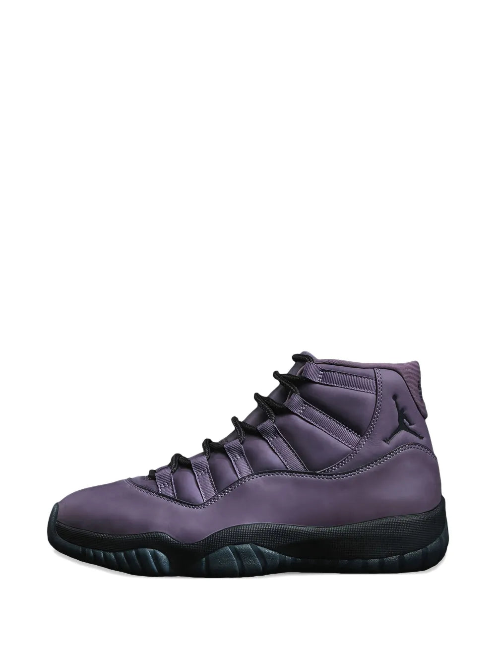 Air Jordan 11 high-top sneakers in purple, lace-up with ankle collar and black outsole