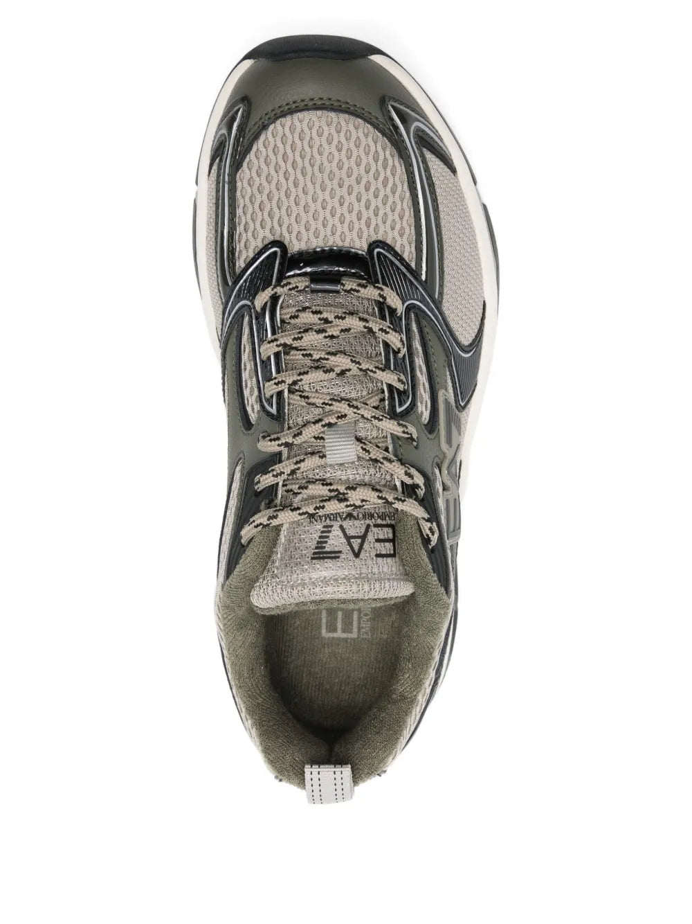 EA7 Emporio Armani logo trainers, laced toe and top view, grey upper with black accents