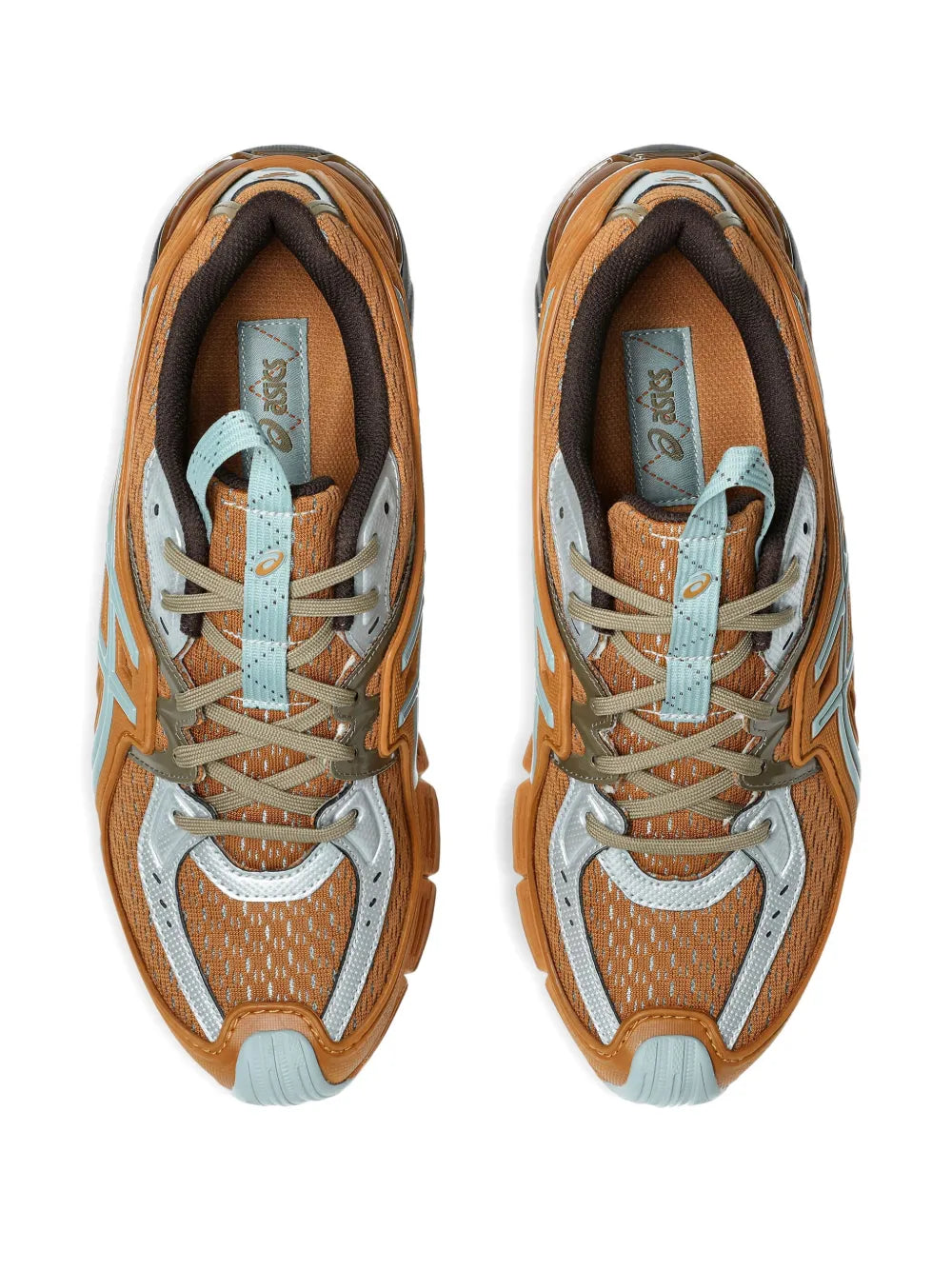 Orange and light blue Asics sneakers, top view showing laces and cushioned tongue