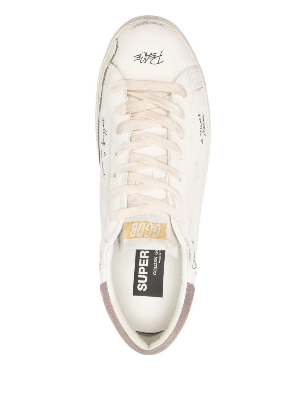 Golden Goose Super-Star sneakers, off-white top view with lace-up and printed tongue