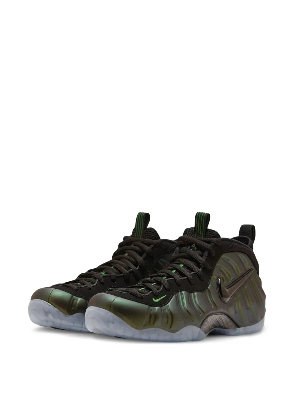 Nike Air Foamposite Pro trainer, pine green upper with black laces and raised heel