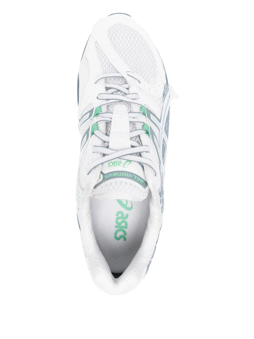 White lace-up running trainers with light-blue accents and cushioned collar