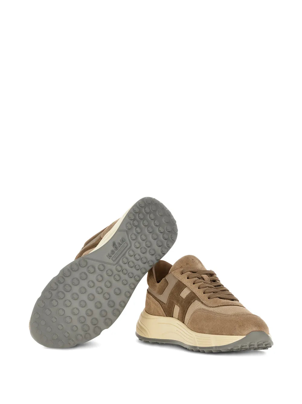 Brown suede sneakers with textured rubber outsole, side and heel view