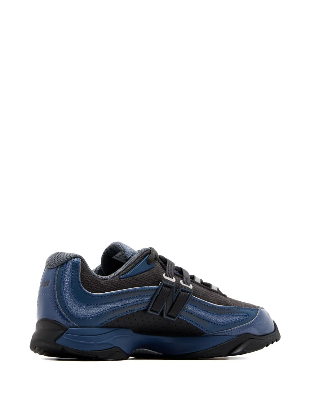 Blue and dark gray low-top New Balance sneakers with logo detail and black outsole