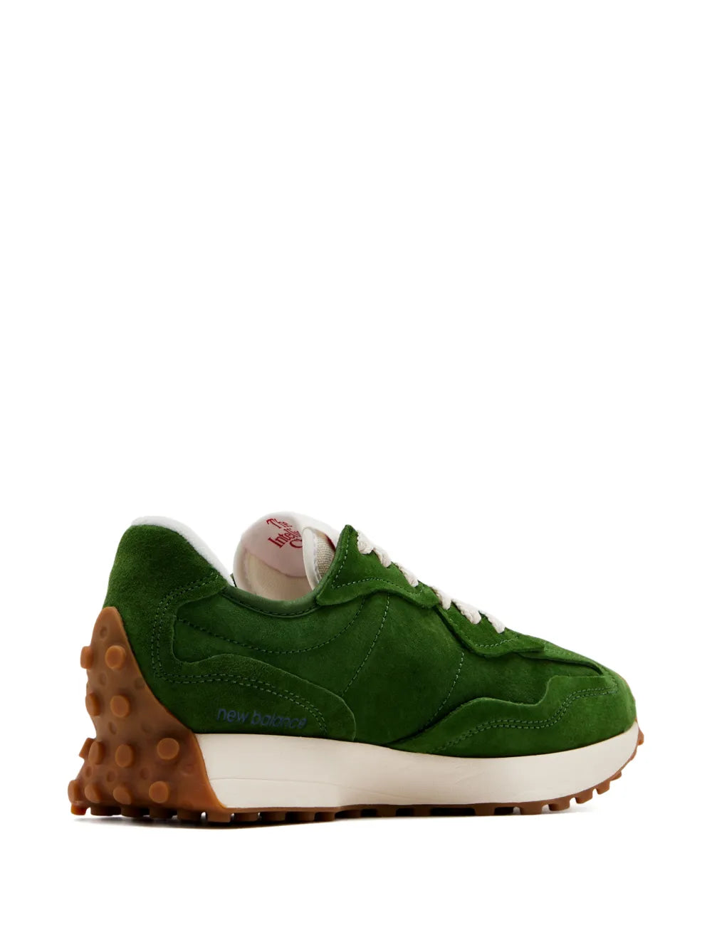 New Balance 327 green suede lace-up sneakers with tan heel and gum outsole