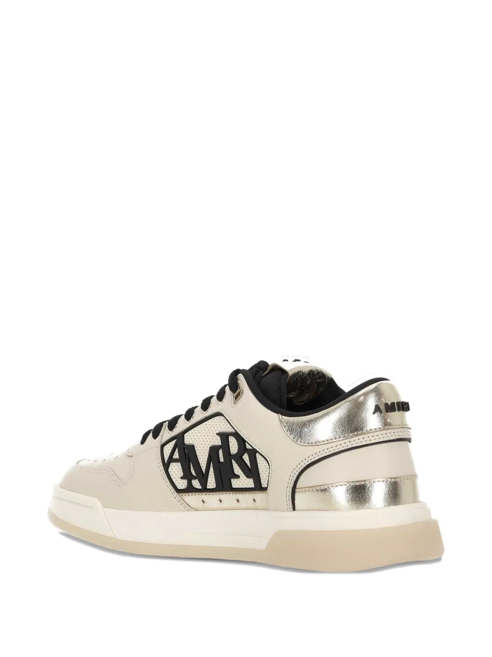 Beige leather low-top sneakers with metallic silver heel stripe and Amiri logo