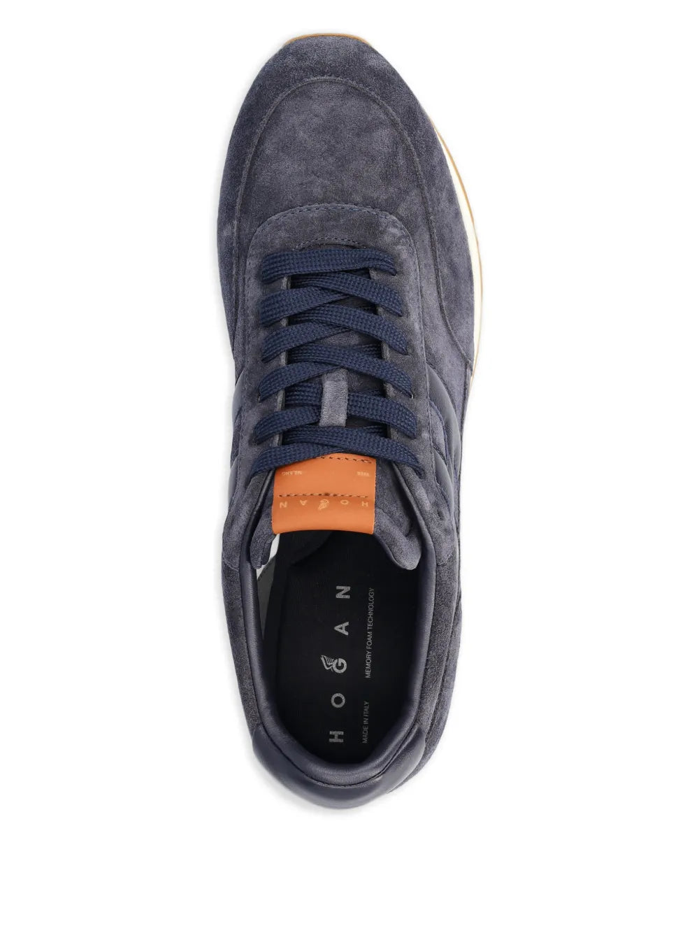 Hogan logo-patch sneakers, navy lace-up with orange heel lining and gum sole