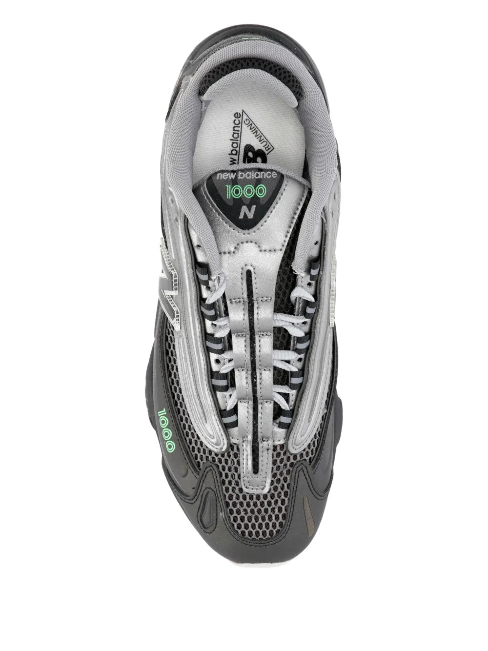 Shoe interior view of dark gray sneakers with New Balance 1000 insole label