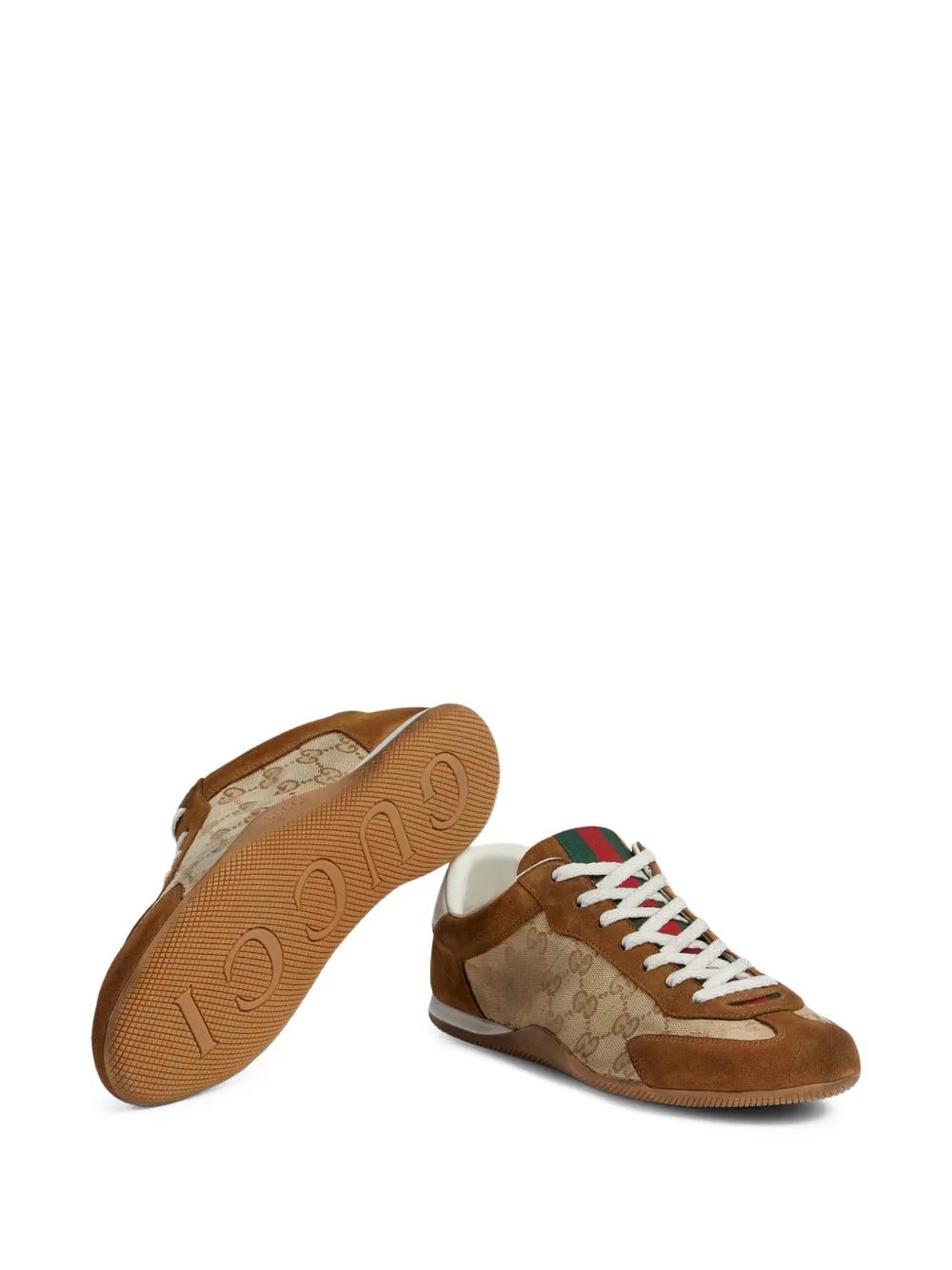 Gucci GG detail sneakers with brown rubber sole and tan canvas side panels