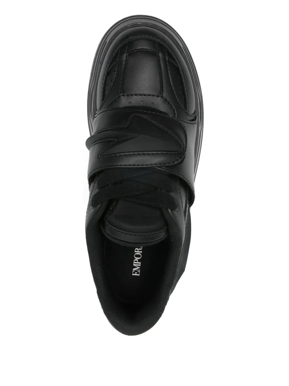 Emporio Armani black strap trainers, top view with lace-up straps and padded collar