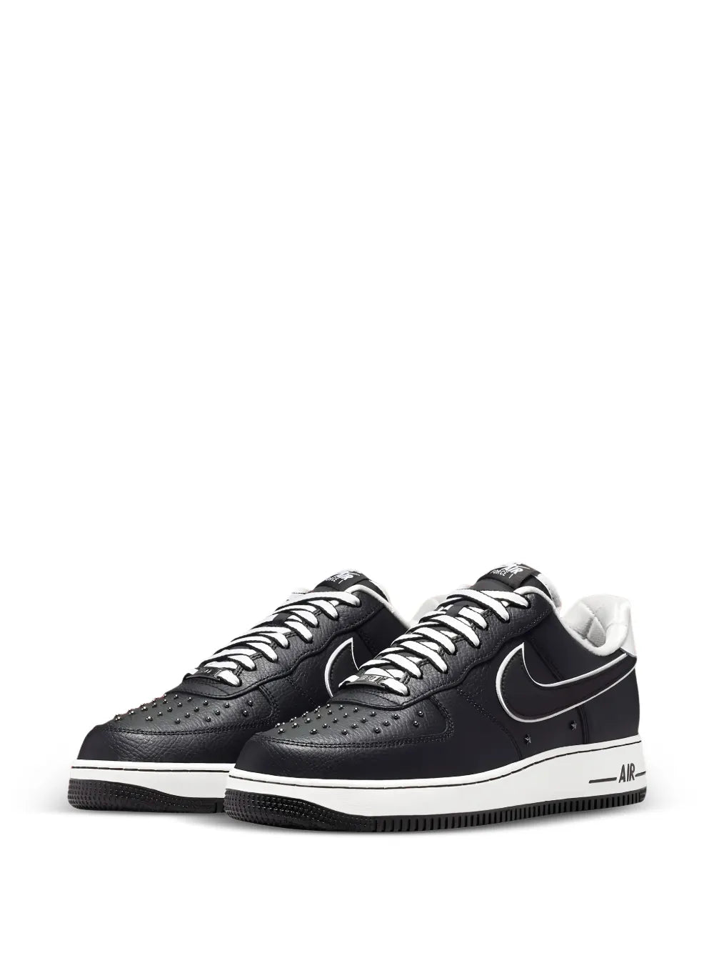 Nike Air Force 1 sneakers, pair view in black with white midsoles and laces