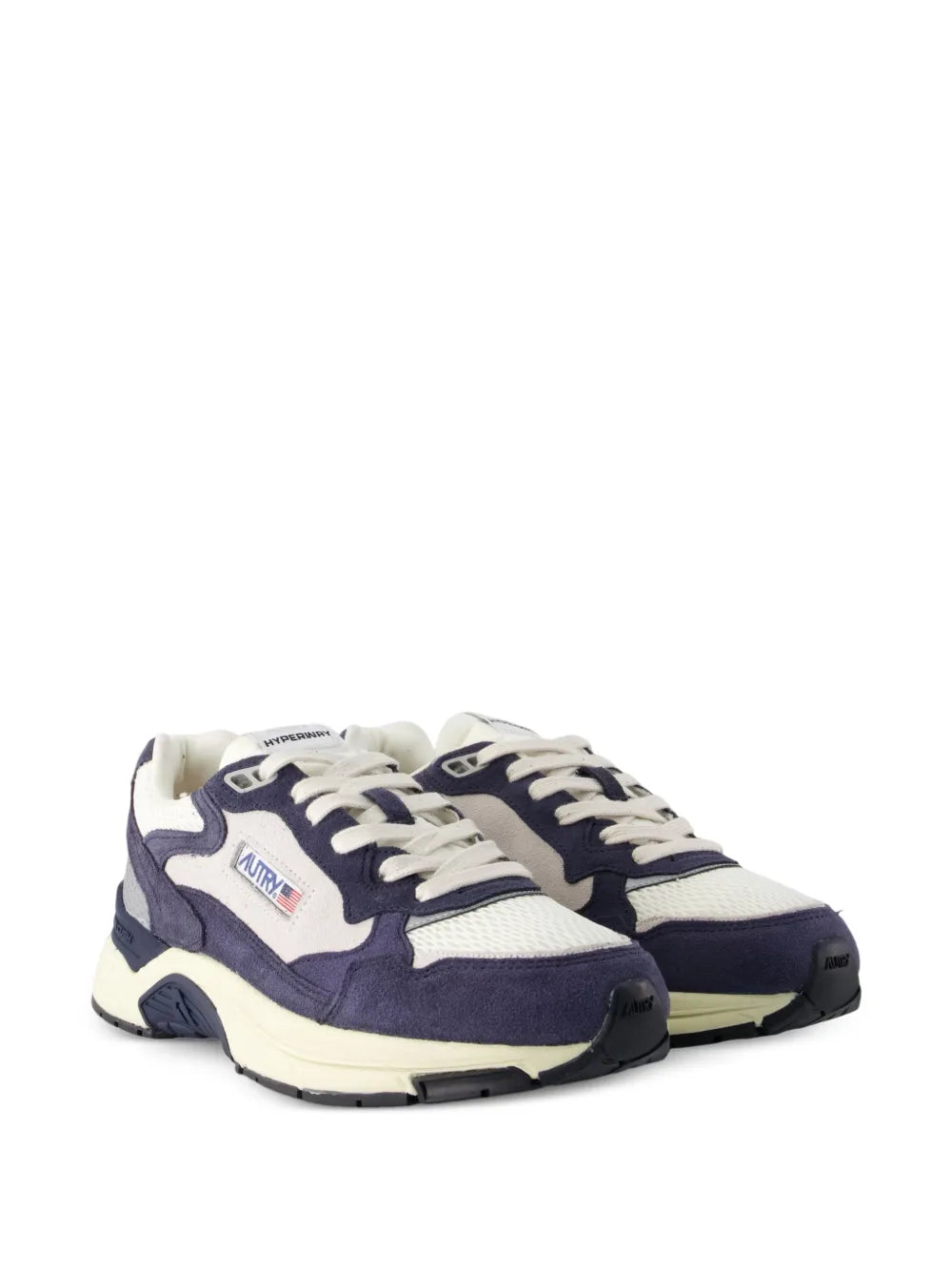 Autry Hyperway low-top sneakers, blue suede panels with cream laces and thick sole