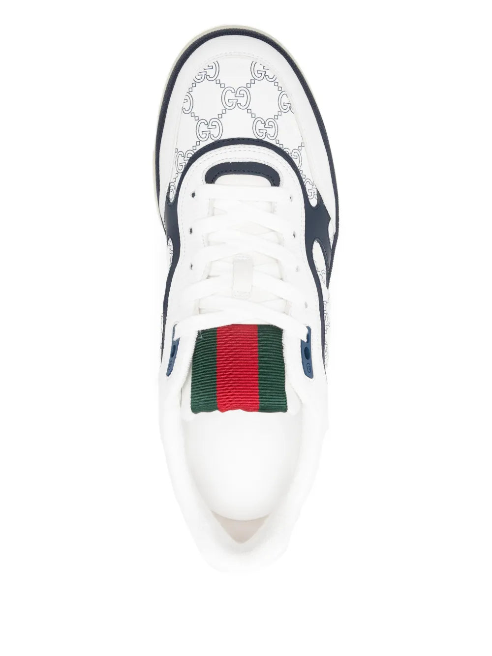 Gucci logo-pattern sneakers, white with multicolor web stripe on tongue and navy collar