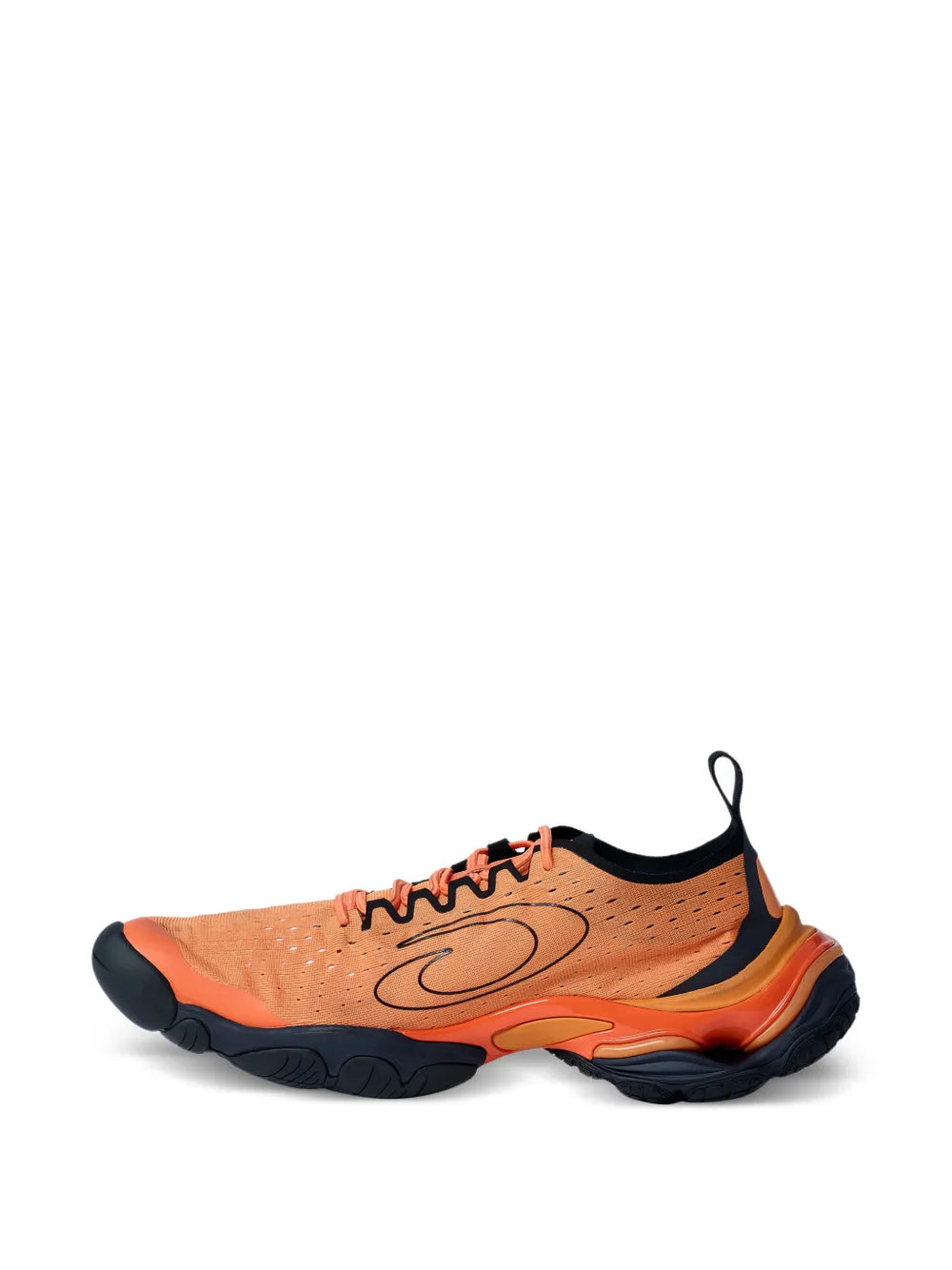 Orange five-toe lace-up sneakers with black collar and rubber outsole