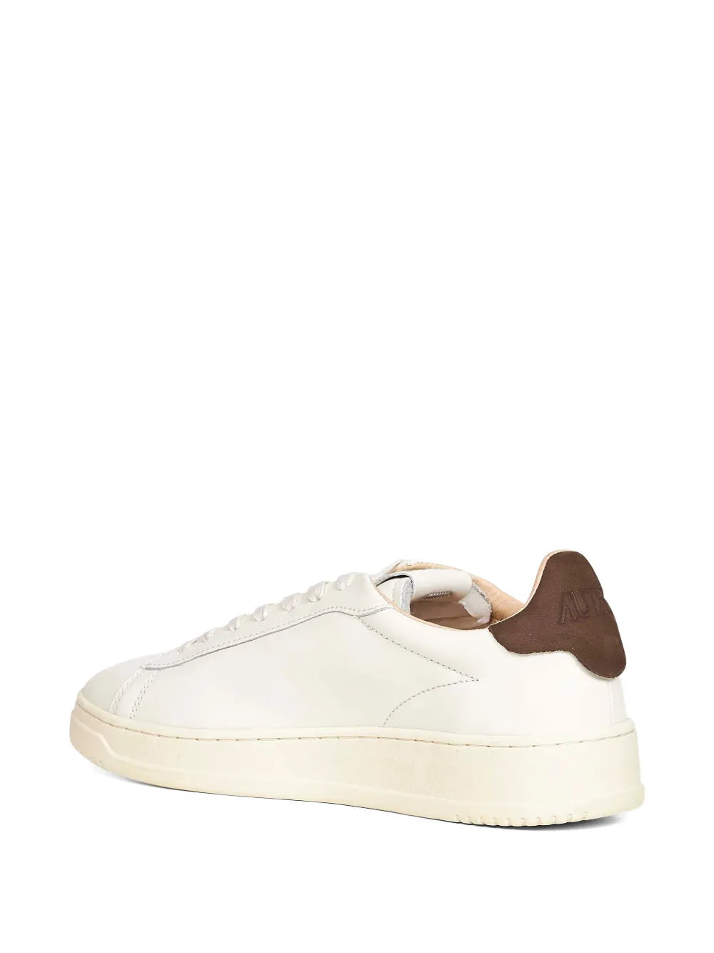 Autry round-toe heel counter sneakers, rear view with brown heel tab and off-white sole